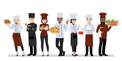 grupo de diverso equipo de chef. Personajes de servicio de trabajador de cocina internacional parados juntos en vector de personaje de dibujos animados uniforme