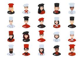 Big bundle of different chef avatars. Set of diverse chef portraits. Men and women chef avatar characters. vector