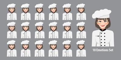 Chef mujer profesional en uniforme con diferentes expresiones faciales aisladas en la ilustración de vector de estilo de personaje de dibujos animados