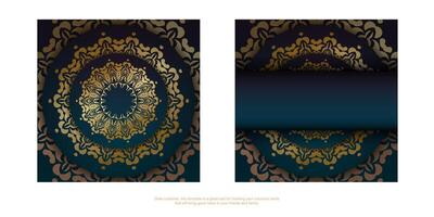 Template Greeting card with a gradient of blue color with a gold ornament mandala for your congratulations. vector