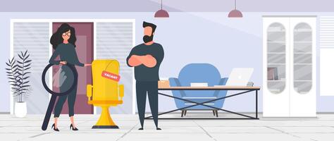 A man and woman standing in front of a chair vector