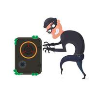 Robber and safe with money. Dollars stick out of the safe. The criminal is planning a robbery. Flat style Isolated. Vector. vector