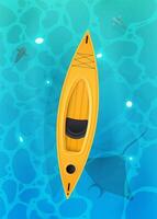 Yellow kayak with paddles. Turquoise surface of water in the ocean with fishes. Background for a summer poster, foyer or postcard. Vector. vector