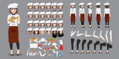 Personaje de dibujos animados de chef mujer profesional en creación uniforme con varias vistas, peinados, emociones faciales, sincronización de labios y poses. Partes de la plantilla del cuerpo para trabajos de diseño y animación.