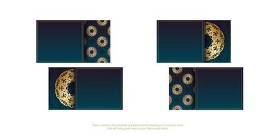 Gradient blue business card with vintage gold ornaments for your brand. vector
