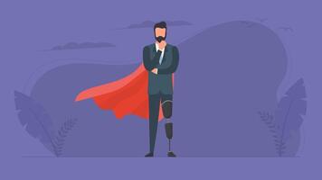 A man with a prosthetic leg in a business suit and a red cloak. Guy with a leg implant. The concept of human recovery through robotization. . vector