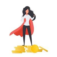 A girl with a red cloak stands on a mountain of gold coins. Superhero woman. Isolated. Vector. vector