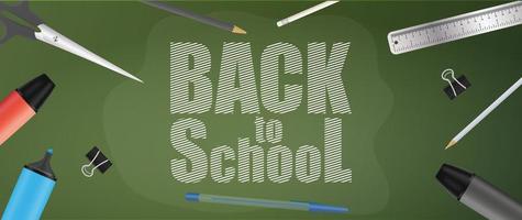 Back to school green banner. School supplies, pen, pencil, marker, ruler, scissors, paper clip. Vector. vector