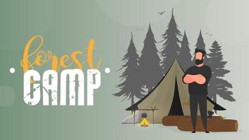 Forest camp banner. Night in the forest. Strong lumberjack. The guy folded his arms over his chest. Large logs and an ax.