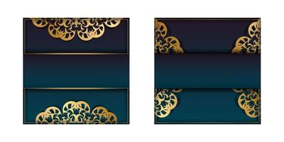 tarjeta de felicitación de plantilla con un color azul degradado con un patrón de mandala dorado preparada para imprimir. vector