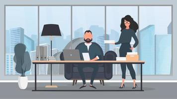 The girl brings the documents to the boss. Businessman working on laptop. Director's workplace. Laptop, documents, books, loft-style table. Vector. vector