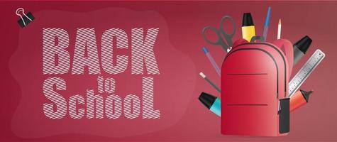 Back to school red banner. School supplies, pen, pencil, marker, ruler, scissors, paper clip. Vector. vector