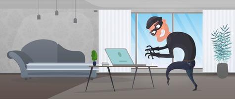Thief in the house. A robber steals data from a laptop. Safety concept. Thief man stealing an apartment. A robber robbed a house. Flat style. Vector illustration.