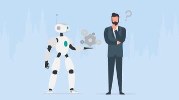 The robot offers a solution. Businessman with a question. People and robots teamwork concept. . vector