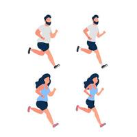 Set of running fat people. Fat man and woman are running. The concept of weight loss and a healthy lifestyle. Isolated. Vector