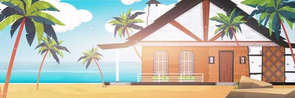 Villa on a sandy beach with palm trees. Summer vacation concept. Vector illustration. Cartoon style.