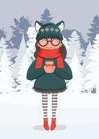 A girl in a snowy forest drinks a hot drink. A woman in warm winter clothes holds a cup in her hands. Ready-made postcard for a winter theme. Vector