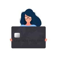 una mujer con gafas sostiene una tarjeta bancaria negra. mujer joven sosteniendo una tarjeta de plástico para un cajero automático aislado en un fondo blanco. vector. vector