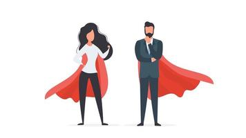 Girl and guy with a red raincoat. Woman and man superhero. The concept of a successful person, business or family. Vector. vector