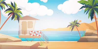 Hermoso paisaje de playa tropical junto al mar de verano con palmeras y silueta montañas banner horizontal vector