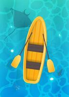 Yellow boat with oars. Turquoise surface of water in the ocean with fishes. View from above. Background for a summer poster, foyer or postcard. Vector. vector