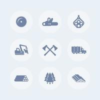 Logging, forestry equipment icons, sawmill, logging truck, tree harvester, timber, lumber, logging isolated icons, vector