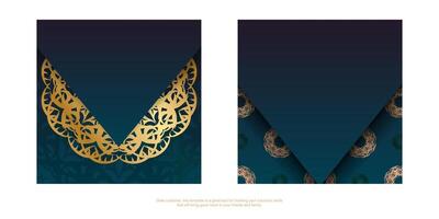 Gradient blue color brochure template with vintage gold pattern for your brand. vector