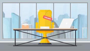 Vacant place banner. Search for a leader. Loft style table. Workplace, books, documents, laptop. Vector. vector