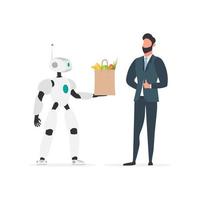 The robot holds a shopping bag in its hands. Future delivery concept. Online shopping. Isolated. Vector. vector