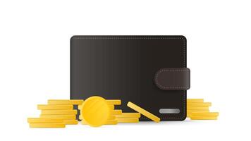 Brown wallet with coins. Men's wallet with gold coins in 3d. Isolated on a white background. Vector. vector