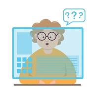 Ilustración de anciana preocupada en la computadora portátil vector