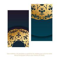 Blue gradient business card with abstract gold pattern for your contacts. vector