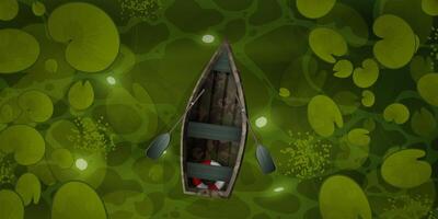 A boat floating in a pond with lily pads vector
