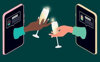 Two hands holding champagne glasses over the phone. Social distancing during the holidays. Celebration online. Vector illustration