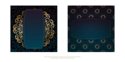 Gradient blue gradient flyer template with greek gold pattern print-ready. vector