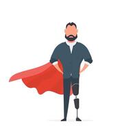 A man with a prosthetic leg in a business suit and a red cloak. Guy with a leg implant. The concept of human recovery through robotization. . vector