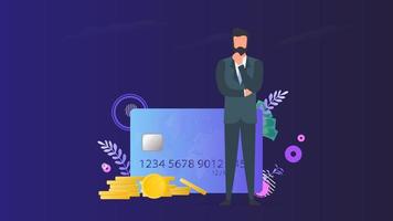 Successful businessman with money. Credit card, gold coins, dollars. Profit growth concept. Banner on the theme of finance. Vector. vector