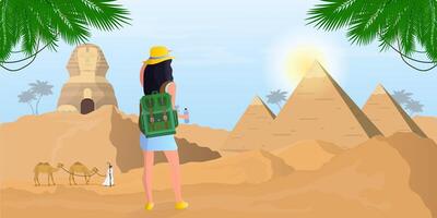 A girl with a backpack looks at the Egyptian Sphinx and the pyramids. Desert. . vector