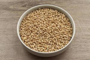 Barley grains in a bowl isolated on wooden background photo