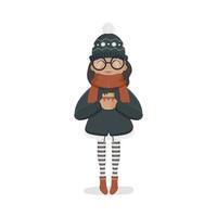 una niña con un gorro de punto de invierno y una bufanda roja sostiene una bebida caliente en sus manos. chica con botas rojas y medias a rayas. concepto de invierno, navidad y año nuevo. vector. vector