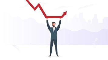 Businessman holds a falling chart. The concept of saving a business from default, inflation and falling stocks. Vector.