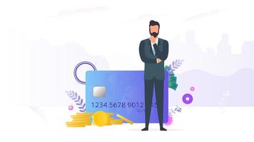 Successful businessman with money. Credit card, gold coins, dollars. Profit growth concept. Banner on the theme of finance. Vector. vector