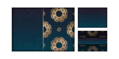 Brochure template with gradient blue color with greek gold ornaments ready for printing. vector