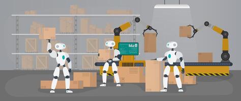 Robots work in a manufacturing warehouse. Robots carry boxes and lift the load. Futuristic concept of delivery, transportation and loading of goods. Large warehouse with boxes and pallets. Vector. vector