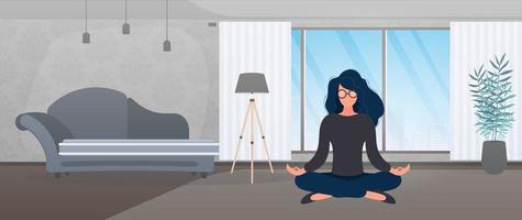 The girl is meditating in the room. Girl doing yoga. Vector illustration.