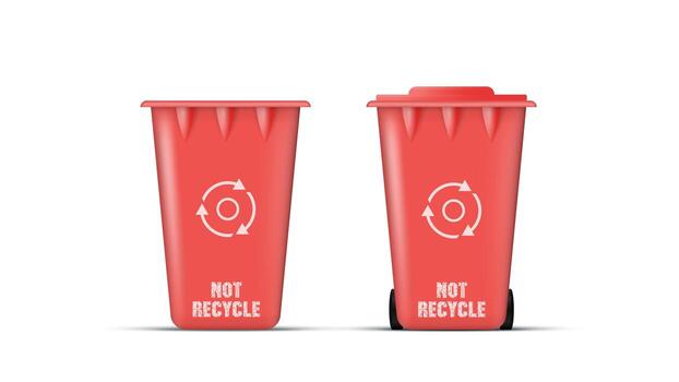 Realistic red trash can. Trash can with lid and wheels in 3d. Isolated. Vector. vector