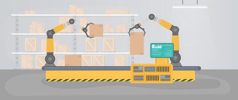 A robot is working on a conveyor belt in a warehouse vector