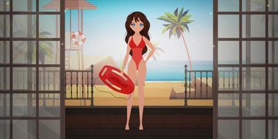 Woman beach lifeguard on the veranda of the villa overlooking the beach. Cartoon style. Vector illustration.