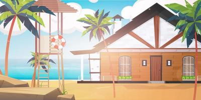 A hotel on a blue, clean and calm sea. Villa on a sandy beach with palm trees. Vector illustration. Cartoon style.