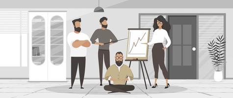 A group of people of diverse men and women are working towards the same goal. Banner with Business team. Report, profit growth. Vector illustration